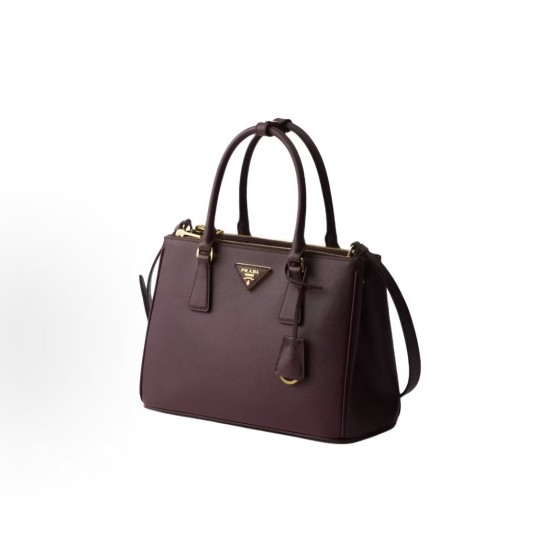 PRADA Saffiano metal engraved logo handbag, medium-sized women\'s wine red